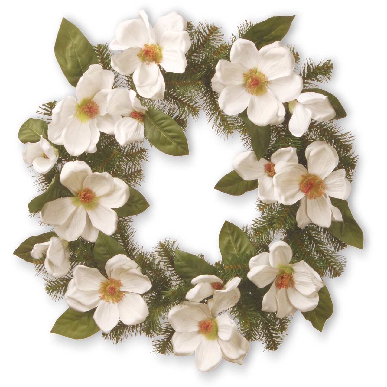 National Tree Company 24 inch Artificial Spring Wreath with North Valley Spruce, Magnolia Flower Blooms, and Evergreen Branch Tips, Realistic Floral Decoration for Front Door or Indoor Décor